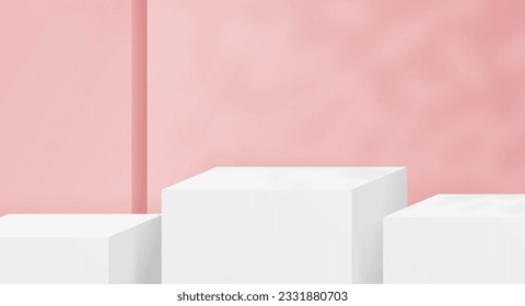 Products square white podiums set. Advertising and marketing, presentation of cosmetic products. Pedestal, showcase, stage and scene. Isometric vector illustration isolated on pink background