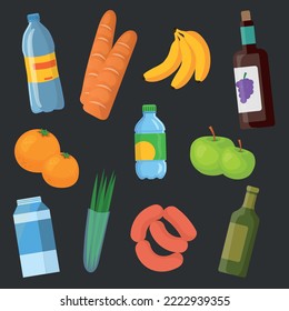 Products from the store. Water, bread, bananas, oranges, apples, wine, milk, herbs, sausages. Vector illustrayion