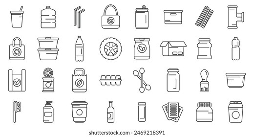 Products that can be reused icons set vector. A collection of various items such as bottles, cups, and boxes. The items are arranged in a line and appear to be related to everyday life