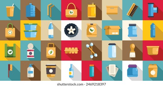 Products that can be reused icons set vector. A collection of various items, including a bottle, a cup, a brush, and a box, arranged in a grid