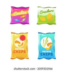 Comercialización de productos. Paquete de plástico para aperitivos. Paquetes de comida rápida. Bolsas de papas fritas aisladas. Empaquetado de caramelos y galletas para máquinas automáticas de venta. Envolturas de harina no saludables para vectores