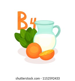 Products with vitamin B4. Jug of milk, oranges and spinach. Healthy food theme. Flat vector for infographic poster about nutrition