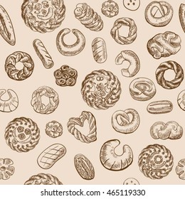 Products of yeast dough, bread, seamless, endless background