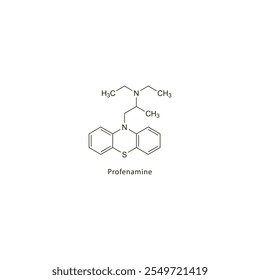Profenamine flat skeletal molecular structure Anticholinergic drug drug used in Parkinson's disease treatment. Vector illustration scientific diagram.