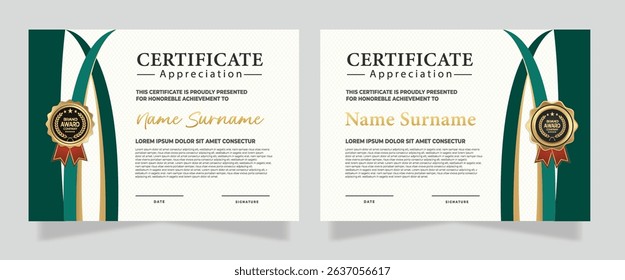 Profesional award certificate template with green and gold shape design. Certificate appreciation, achievement, diploma with set of premium badges.
