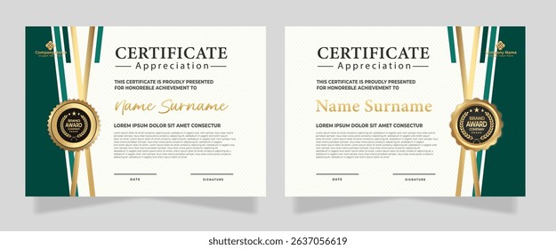 Profesional award certificate template with green and gold shape design. Certificate appreciation, achievement, diploma with set of premium badges.