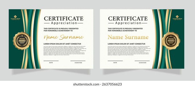 Profesional award certificate template with green and gold shape design. Certificate appreciation, achievement, diploma with set of premium badges.