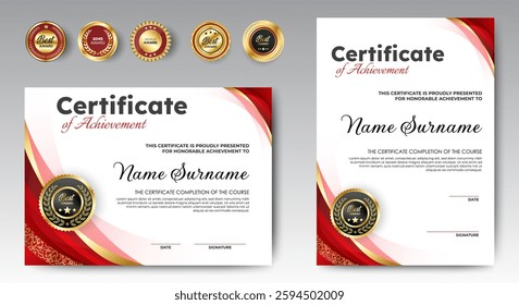 Profesional award certificate template with red and gold shape design. Certificate appreciation, achievement, diploma with set of premium badges. vector