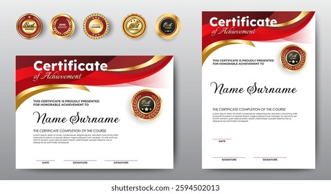 Profesional award certificate template with red and gold shape design. Certificate appreciation, achievement, diploma with set of premium badges. vector