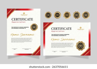 Profesional award certificate template with red and gold shape design. Certificate appreciation, achievement, diploma with set of premium badges.