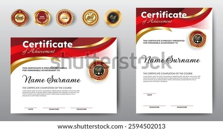 Profesional award certificate template with red and gold shape design. Certificate appreciation, achievement, diploma with set of premium badges. vector