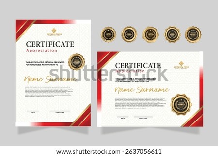 Profesional award certificate template with red and gold shape design. Certificate appreciation, achievement, diploma with set of premium badges.