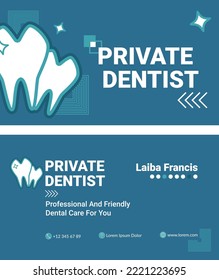 Profesional and friendly dental care service for you and your family. Banner or business card with name of doctor. Dental hygiene and treatment of cavities. Hospital or clinics. Vector in flat style