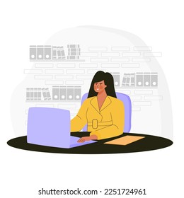 Profesional women work at office with laptop flat character illustration. vector art. 