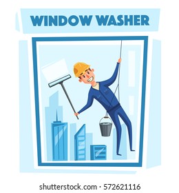 Profesional worker cleaning windows. Cartoon vector illustration