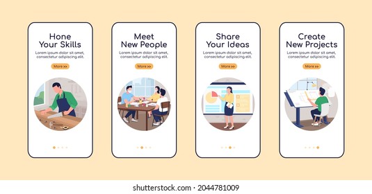 Profesisonal workshop onboarding mobile app screen flat vector template. Walkthrough website 4 steps with characters. Creative UX, UI, GUI smartphone cartoon interface, case prints set