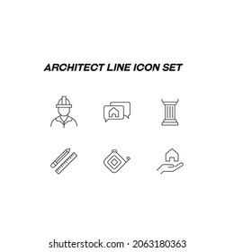 Profession of architector concept. Modern outline illustration for web sites, apps, banners, flyers. Editable strokes. Line icon set of icons of construction worker, house, column, liner, pencil 
