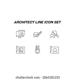 Profession of architector concept. Modern outline illustration for web sites, apps, banners, flyers. Editable strokes. Line icon set including icons of broken house, computer, building tools 