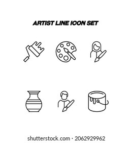 Profession of artist concept. Modern outline illustration for web sites, apps, banners, flyers. Editable strokes. Line icon set including icons of watercolor, paint roller, vase, artist, ye 
