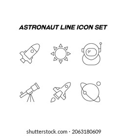 Profession of astronaut concept. Modern outline illustration for web sites, apps, banners, flyers. Editable strokes. Line icon set including icons of The Sun, space ship, planet, telescope