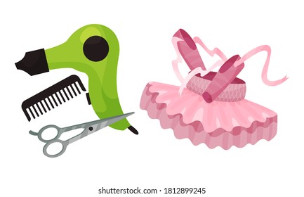 Profession Attributes Composition with Hairdresser Instruments and Ballet Dancer Clothing Vector Set