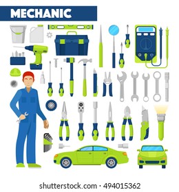 Profissão Auto Ícones Mecânicos Conjunto com Ferramentas para Reparos de Carros. Ilustração vetorial