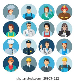 Profession avatar flat icon set with chef mechanic policeman isolated vector illustration