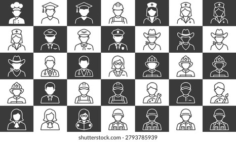 Profession avatar icons bundle, diverse worker characters pack, business team person avatars, career occupation profile graphics,