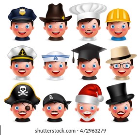 Profession avatar set of happy emoticon heads with different hats of police, seaman, magician, santa claus and pirate isolated in white background. Vector characters.
