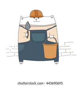 Profession. Builder. White cat. Learning card. Vector for design