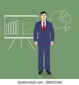 Profession. Businessman. Vector illustration in a flat style with diagram and graph on the background.