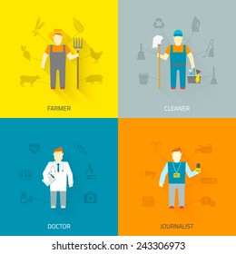 Profession cartoon male characters 4x4 flat icons composition of farmer cleaner doctor journalist abstract isolated  vector  illustration