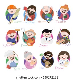 profession, chef , doctor, engineer, teacher , scientist, thief , crook, babysitter , painter , cleaner, woodcutter , lumberjack , farmer, Vector graphics
