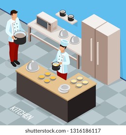 Profession of chef isometric composition with cookery staff during food preparing at kitchen vector illustration