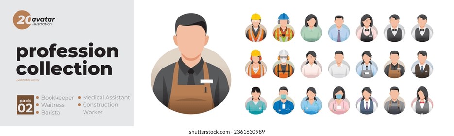 Profession collection profile avatar icons. Set of illustrations of people in various professions. Bookkeeper, waitress, barista, medical assistant, construction worker. Flat style vector design