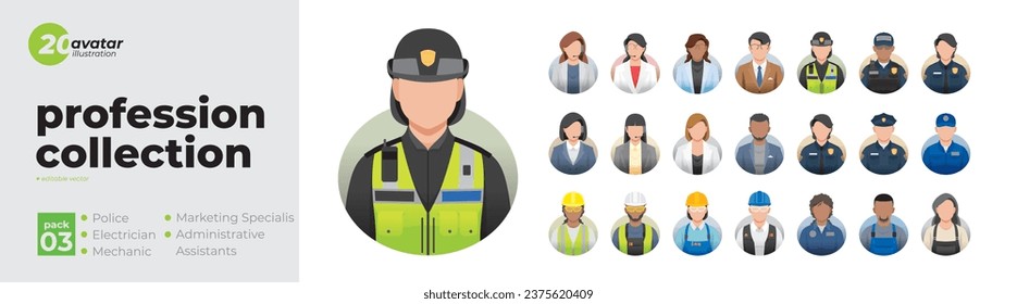 Iconos de avatar del perfil de la colección de profesiones. Conjunto de ilustraciones de personas de diversas profesiones. Policía, Electricista, Mecánico, Comercialización 
Auxiliares administrativos. Diseño vectorial de estilo plano