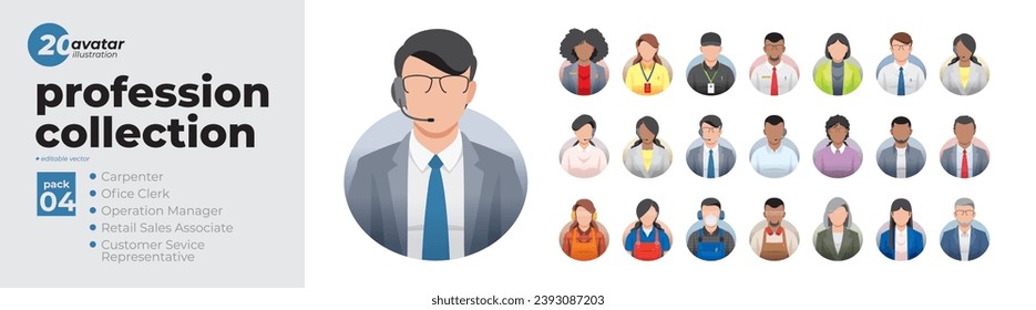 Profession collection profile avatar icons. Set of illustrations of men and women in various types of work attire. Carpenter, office clerk, customer service, manager. Flat style vector design