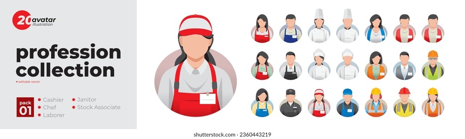 Iconos de avatar de imagen del perfil de la colección de profesiones. Conjunto de ilustraciones de hombres y mujeres en diversas profesiones. Cajero, Chef, Laborer, Janitor, Stock Associate. Diseño vectorial de estilo plano