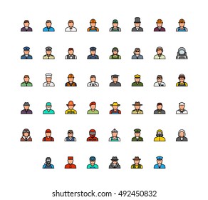 Profession colorful avatars vector icon set in thin line style