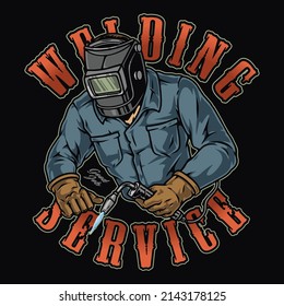 Profession colorful vintage emblem with blacksmith in welding mask and gloves using welding torch, vector illustration