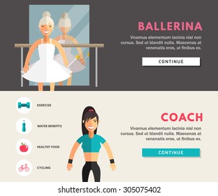 Profession Concept. Ballerina and Coach. Flat Design Concepts for Web Banners and Promotional Materials
