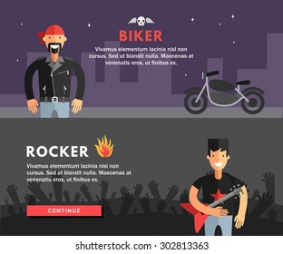 Profession Concept. Biker and Rocker. Flat Design Concepts for Web Banners and Promotional Materials