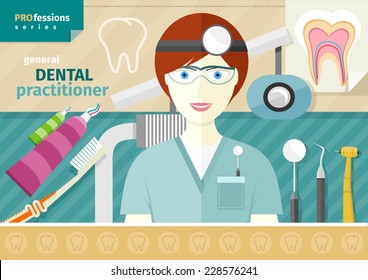 Profession concept with female general dental practitioner in uniform in the dentist office