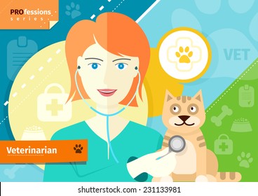 Profession concept with female veterinarian checking the heartbeat of red cat with stethoscope in vet clinic