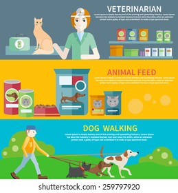 Profession concept with female veterinarian checking heartbeat of orange cat with stethoscope in vet clinic. Man walking with dogs on leash. Pet foods concept on banners in flat design