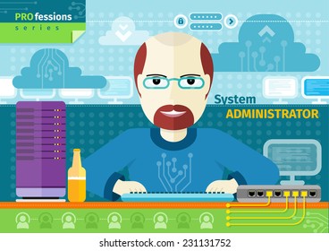 Profession concept with male system administrator on his workplace with computer in data centre