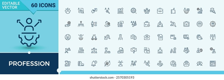 Profession Contact Us icon set. Featuring us, recruit, manager, contract, job and more. Outline symbol collection. Editable vector illustration.