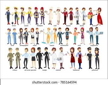 Profession couple set. Police and firefighters, businessmen and doctors.