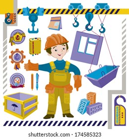 Profession the crane operator. A set of building hooks, bricks, boxes. A set of emblems.