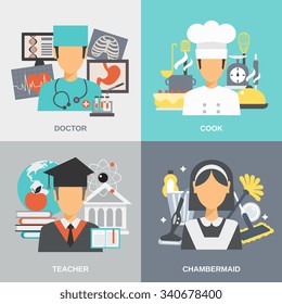 Profession design concept set with doctor cook teacher and chambermaid flat icons isolated vector illustration